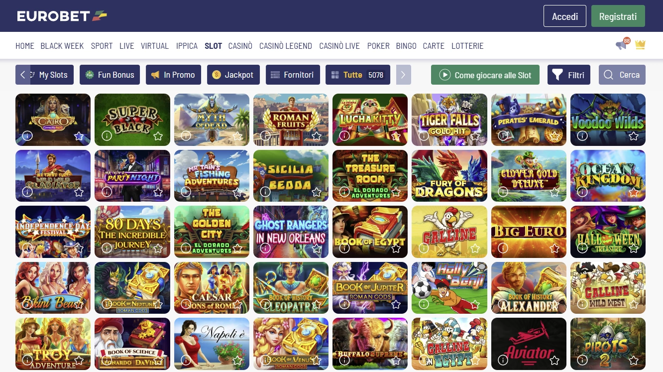 Selezione di giochi disponibili su Eurobet Casino